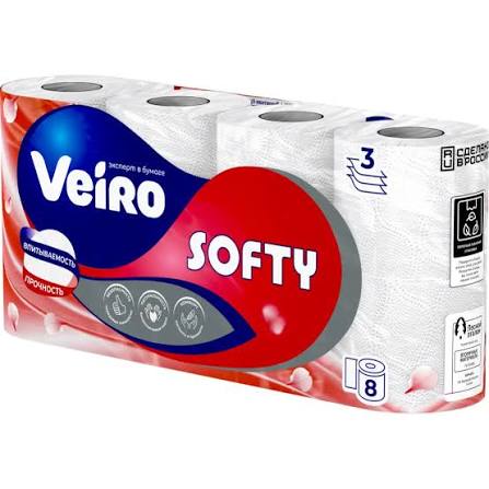 картинка Бумага туалетная Veiro Softy  белая 3-х слойная 8 шт.